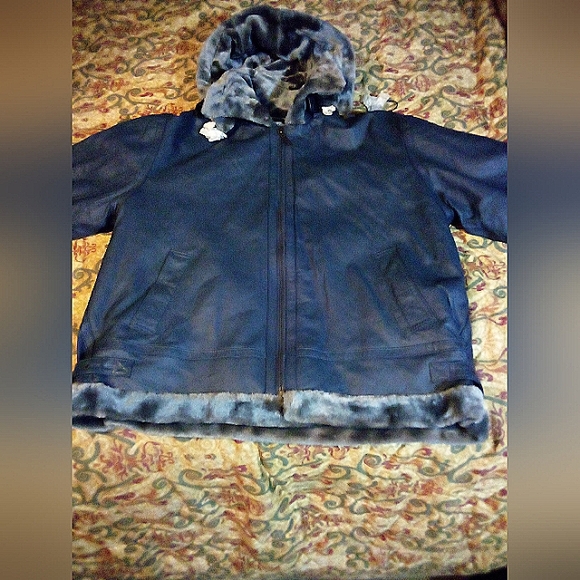 HIND Leather Faux Fur Insulated Removable Hooded Jacket Coat Men's L Blue/Gray - Picture 1 of 16